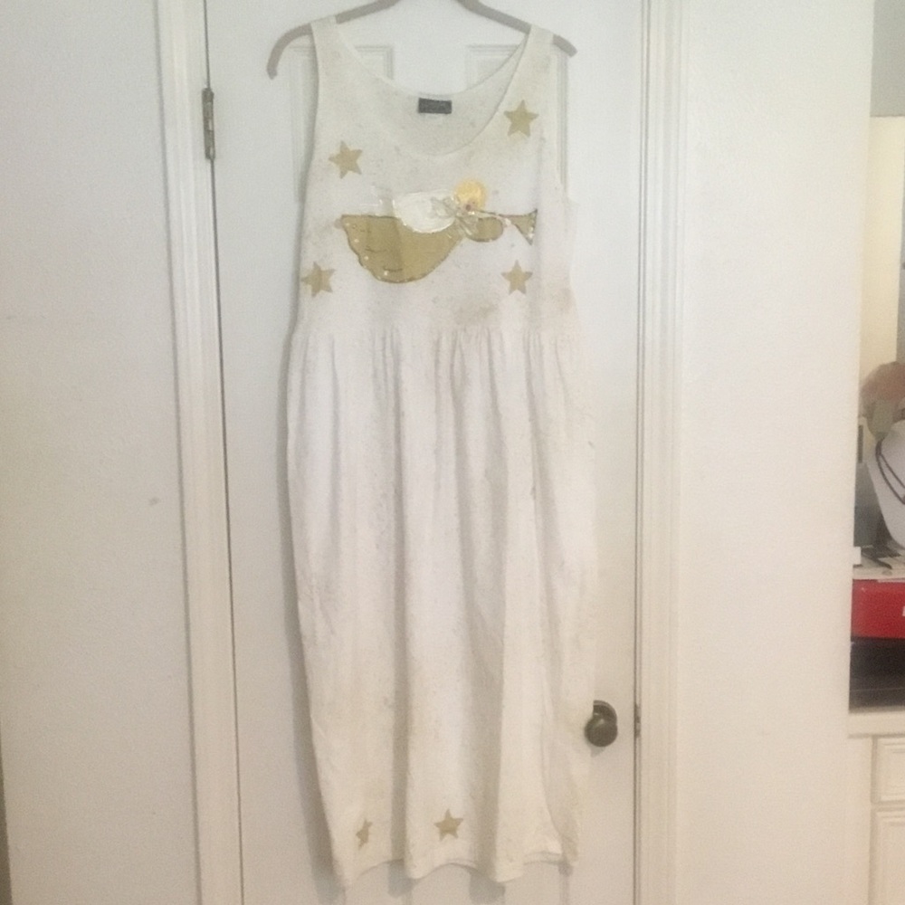 NWOT Vintage White Sleeveless Maxi Dress with Gold Angel and Star Appliqués